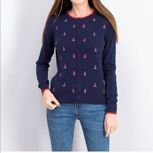 NWT⛵️Macy’s Charter Club Navy Sweater Cardigan embroidered sailboats ⛵️Sz Medium